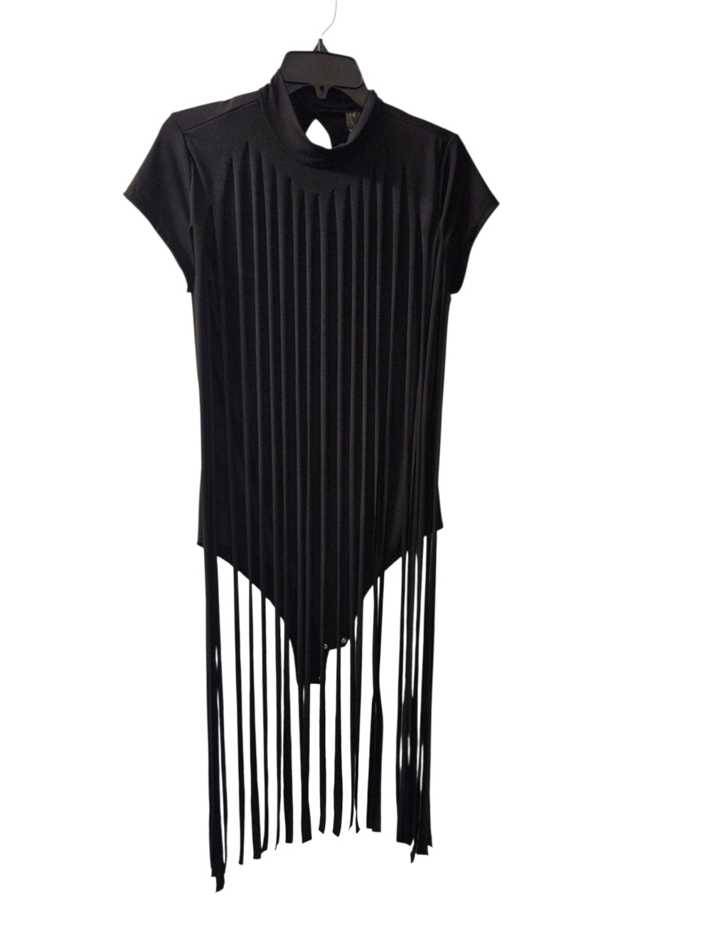 Black Fringe Mock Neck Snap Body Blouse Women's Top